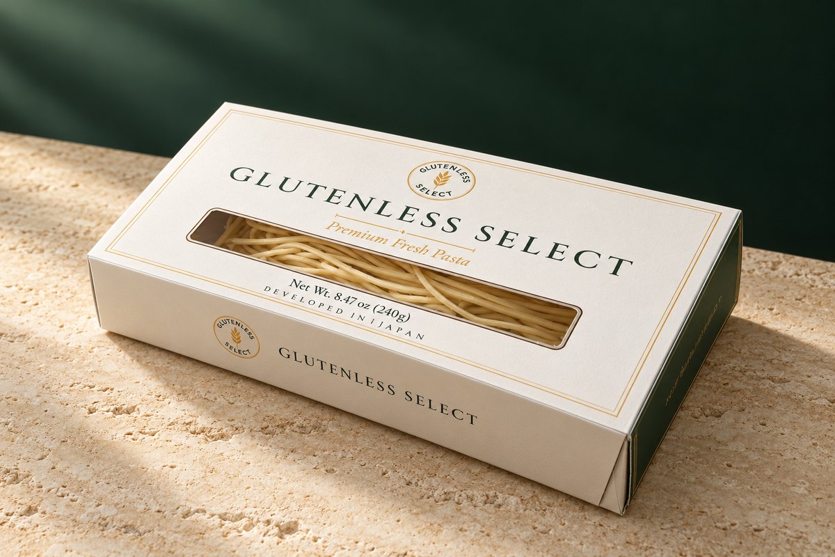 GLUTENLESS SELECT のパッケージ。内容量240g（120g×2パック）の半生パスタ。
